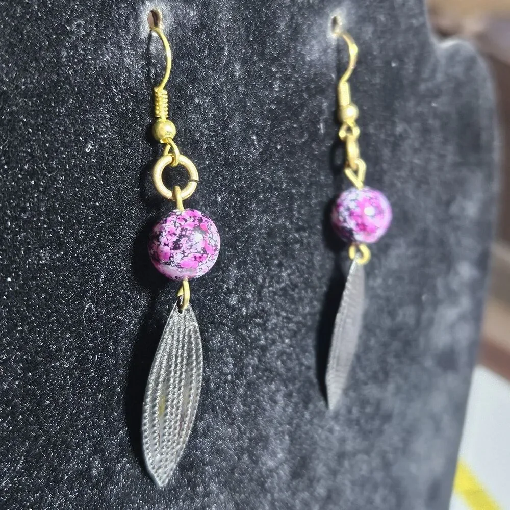 Gold Tone Purple Bead Black Metal Dangling Earrings